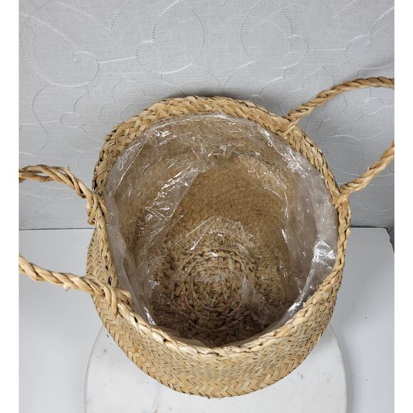 Seagrass Belly Basket 12" Tan Black Woven Wicker Home Storage Handles Lined New - Picture 15 of 16